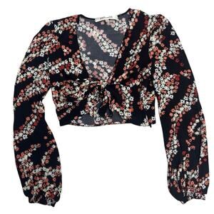 Diane von Furstenberg Floral Crop Tie-Blouse🌺 Black Multi Ruched Front • Size 2